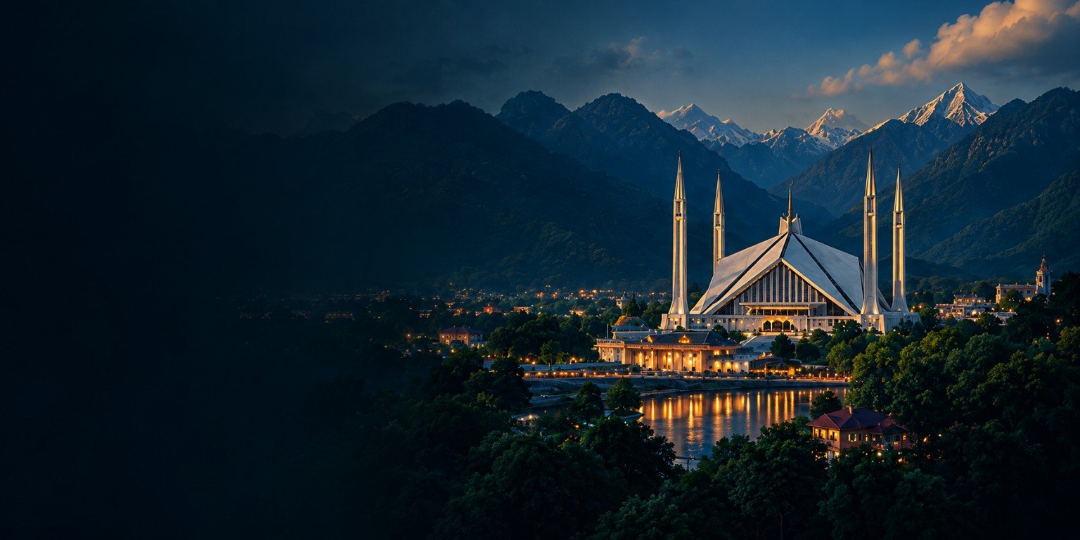 Faisal Mosque and Margalla Hills in Islamabad at dusk